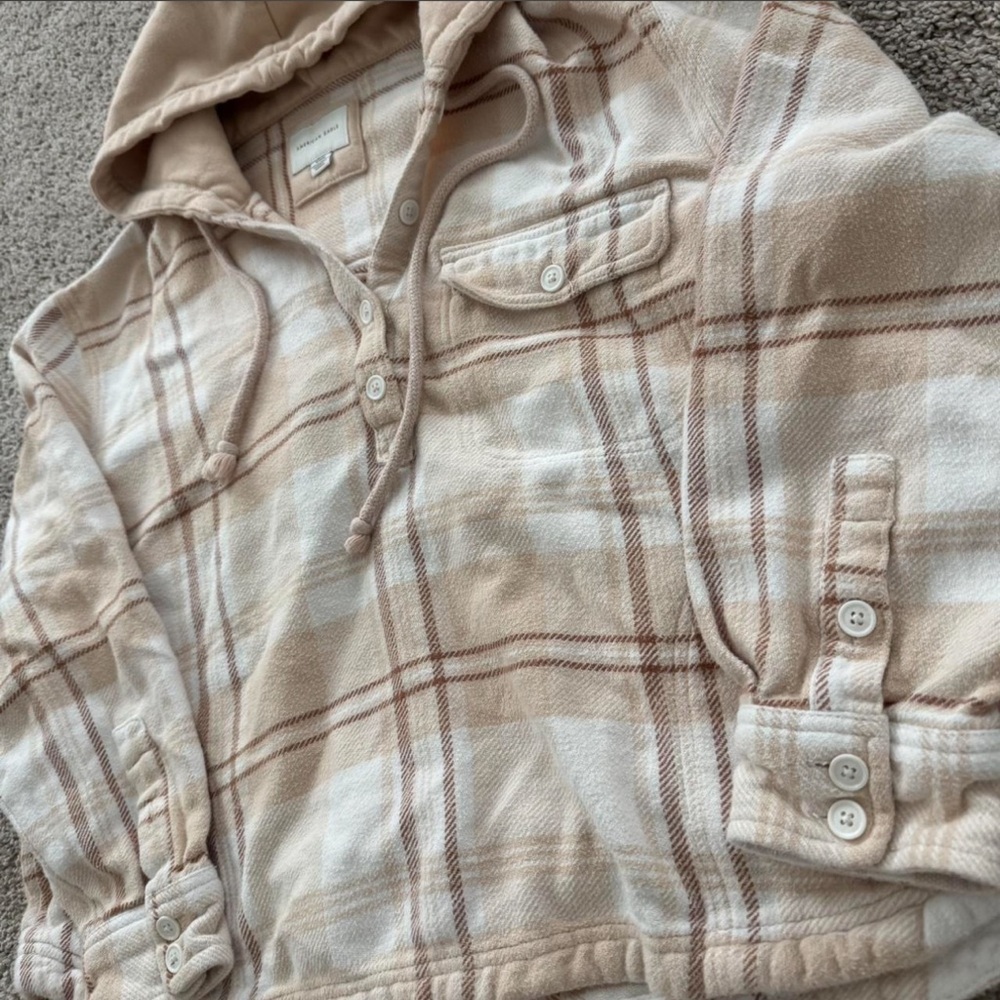 American Eagle Outfitters Beige & Cream Plaid Hooded Crop Top - Picture 2 of 6